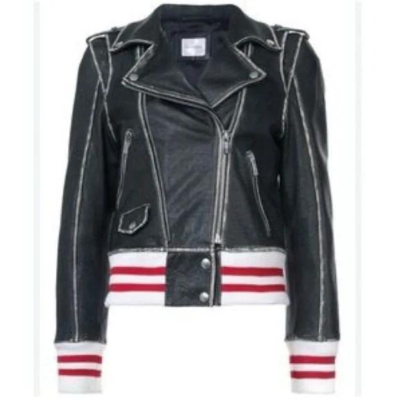 Anine Bing Quinlan Moto Biked Jacket with Varsity Cuffs and Hem - Picture 11 of 12